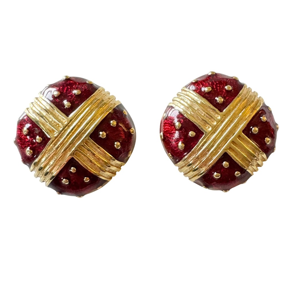 Chunky‎ Red Enamel Gold Tone Clip On Statement Earrings Textured Dot Design